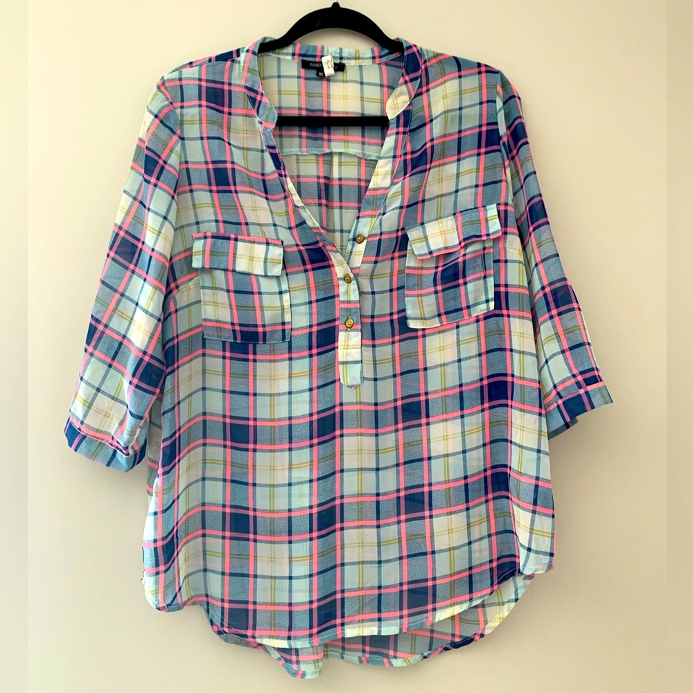 Plaid multi color sheer 3/4 sleeve button down blouse
